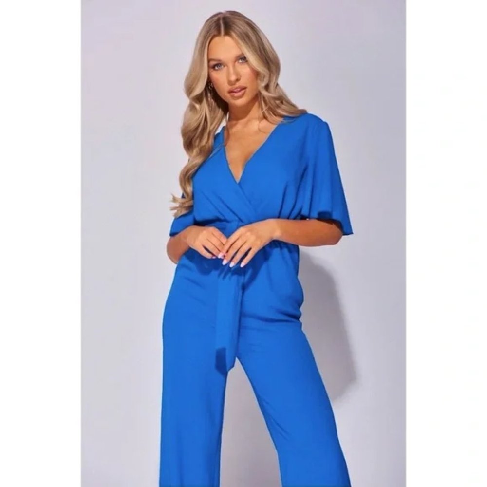 Blue Short Sleeve V-Neck Loose Fit Wide Leg Jumpsuit Playsuit - Picture 2 of 8